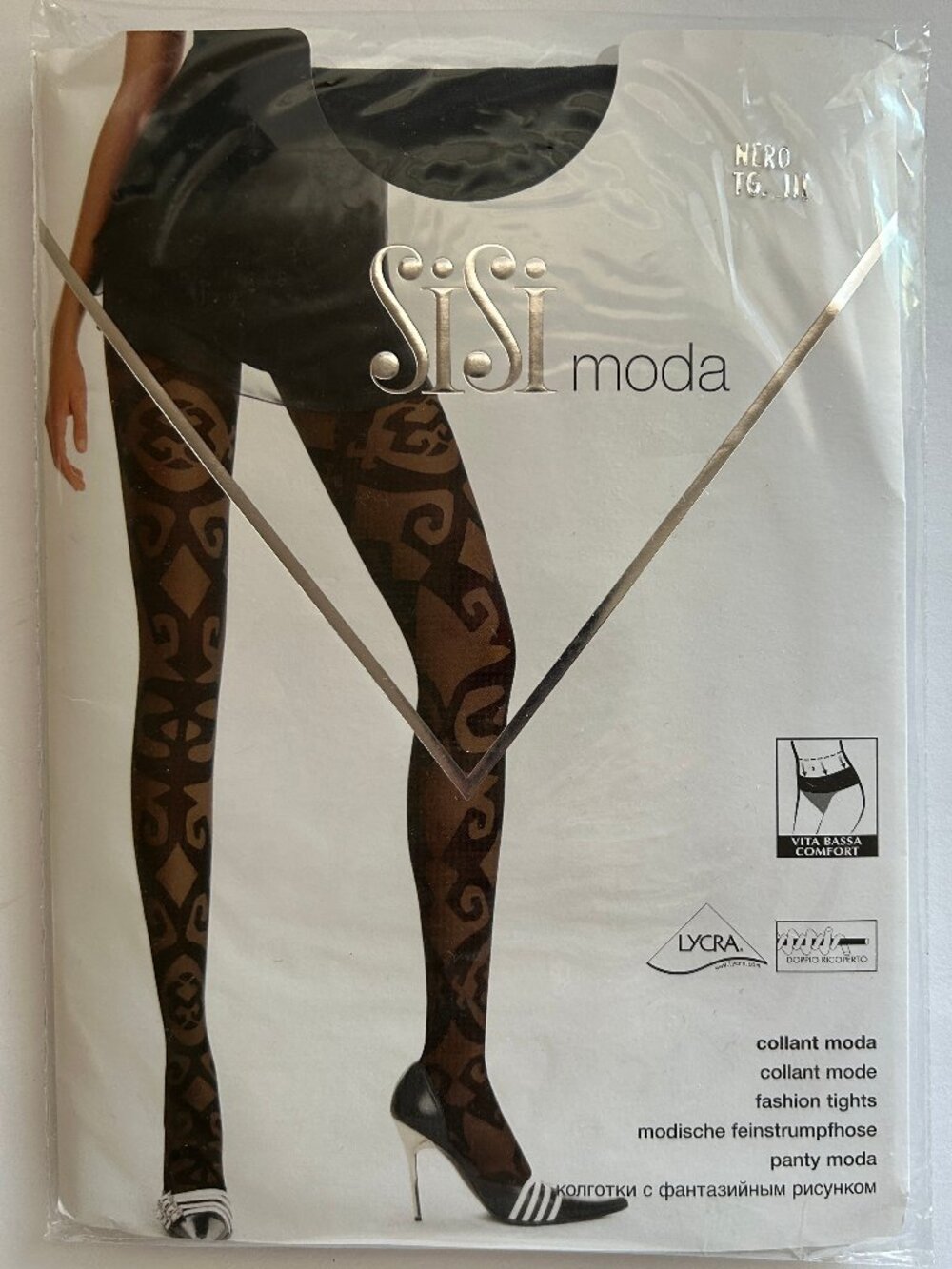 SiSi moda NOS New in Pack Black Fashion Tights Pantyhose Nylons Size III